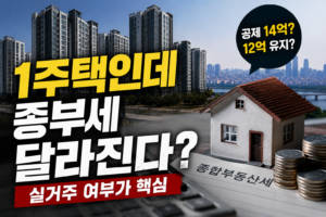 실거주 여부에 따른 1주택 종부세 기본공제 정부안을 설명하는 주택 그래픽
