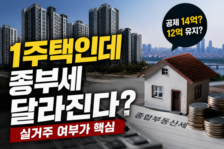 실거주 여부에 따른 1주택 종부세 기본공제 정부안을 설명하는 주택 그래픽
