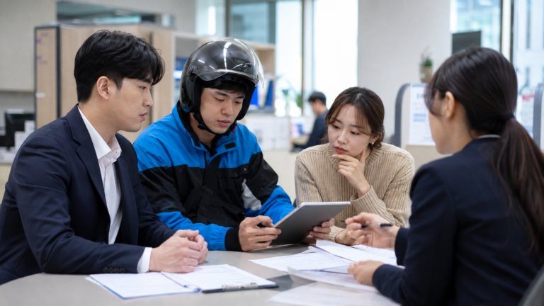 직장인과 배달 노동자, 프리랜서가 고용보험 상담을 받는 모습